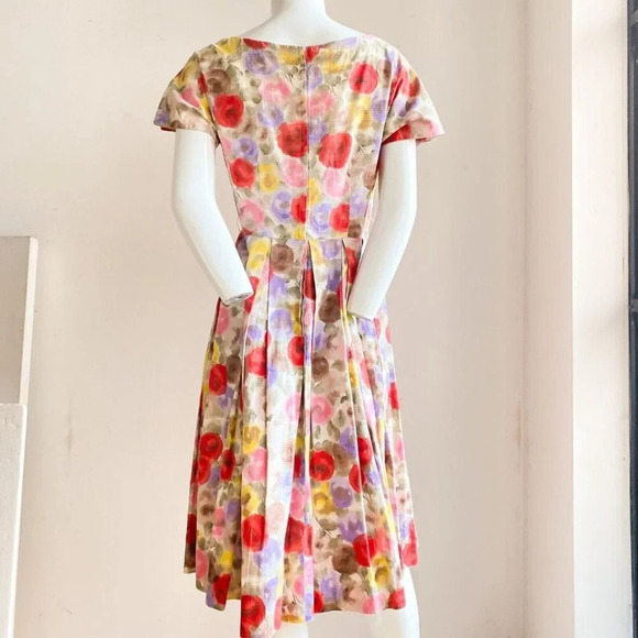 Vintage 50s 60s Floral Watercolour Print Fit and Flare Dress S/M - Picture 10 of 12